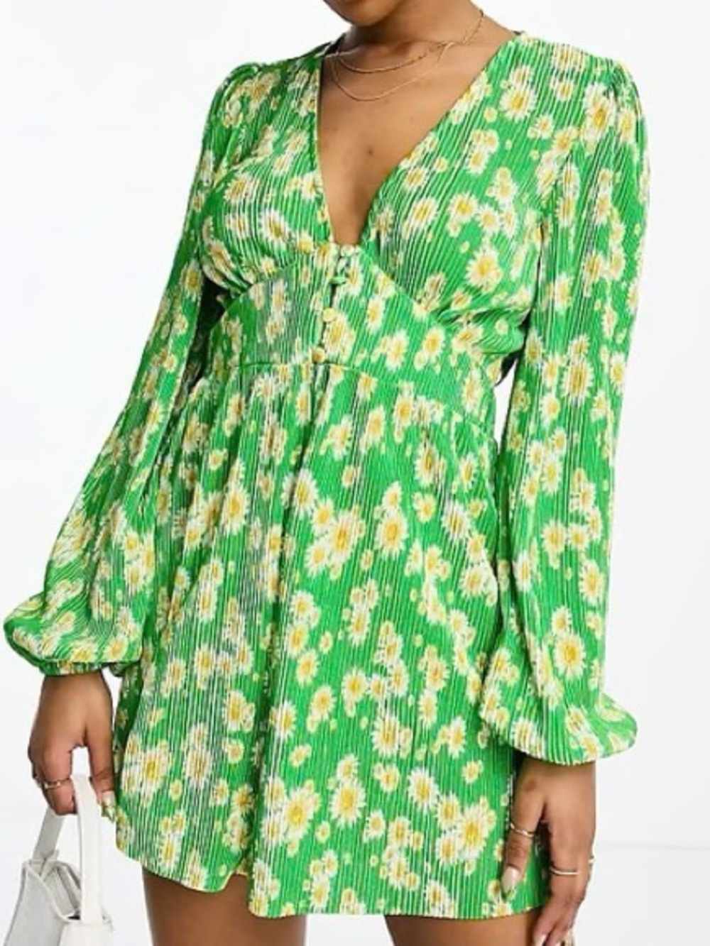 ASOS Green Floral long sleeve V-Neck Mini Romper